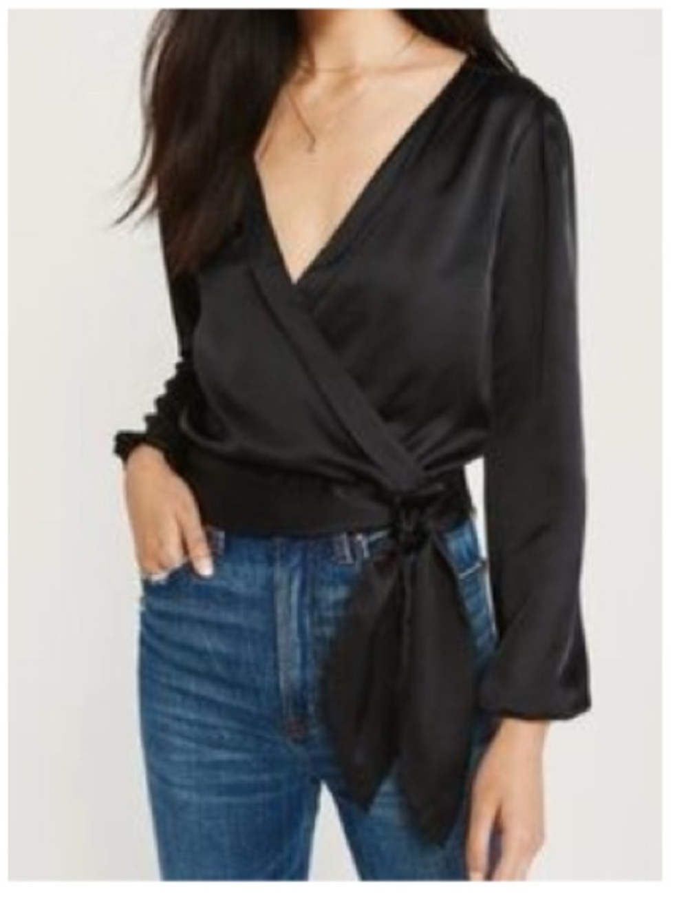 Abercrombie & Fitch Satin Black Wrap Tie Cropped Top Blouse with Long Sleeves - Picture 4 of 4